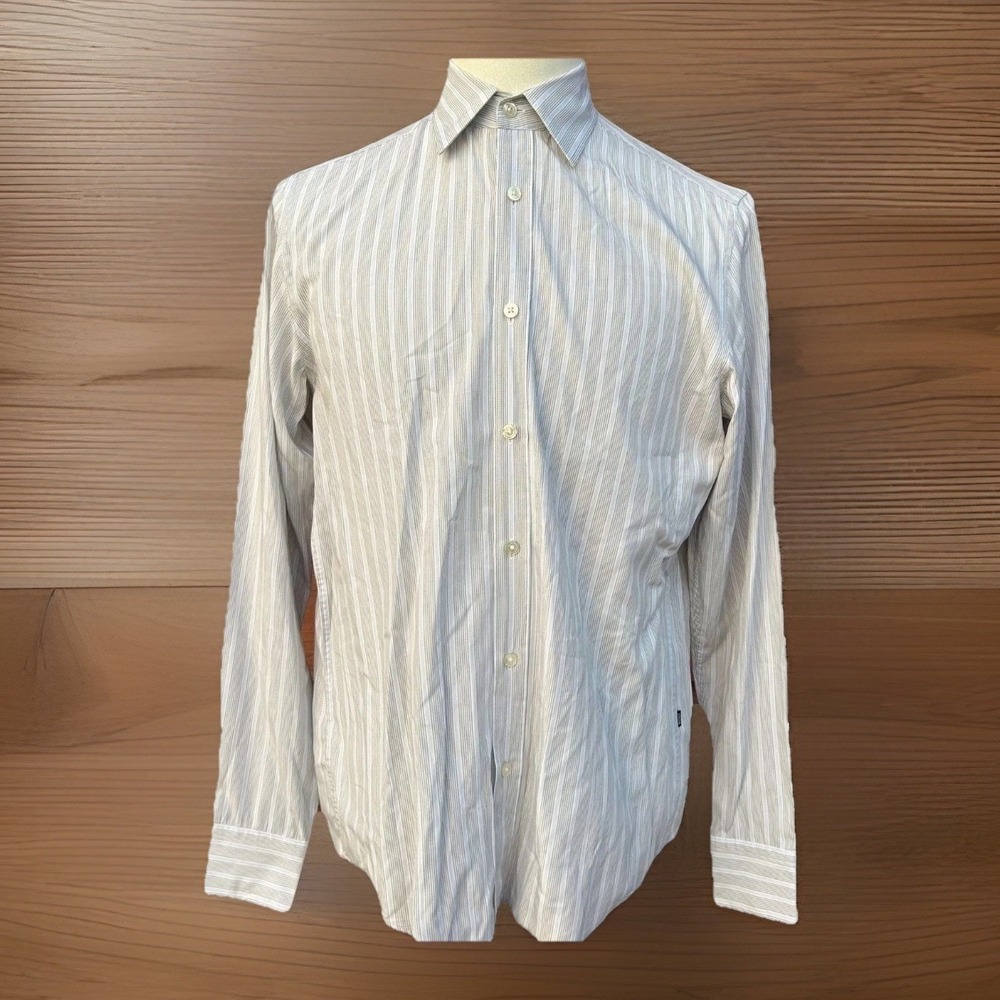 BOSS Hugo Boss Button Up Men Size M Cotton Micro Stripe Office Khaki Blue